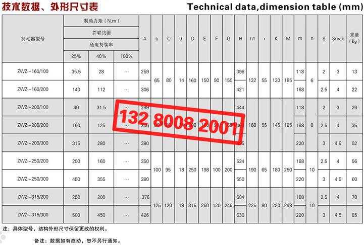 ZWZ3系列直流電磁鼓式制動(dòng)器技術(shù)數據、外形尺寸表